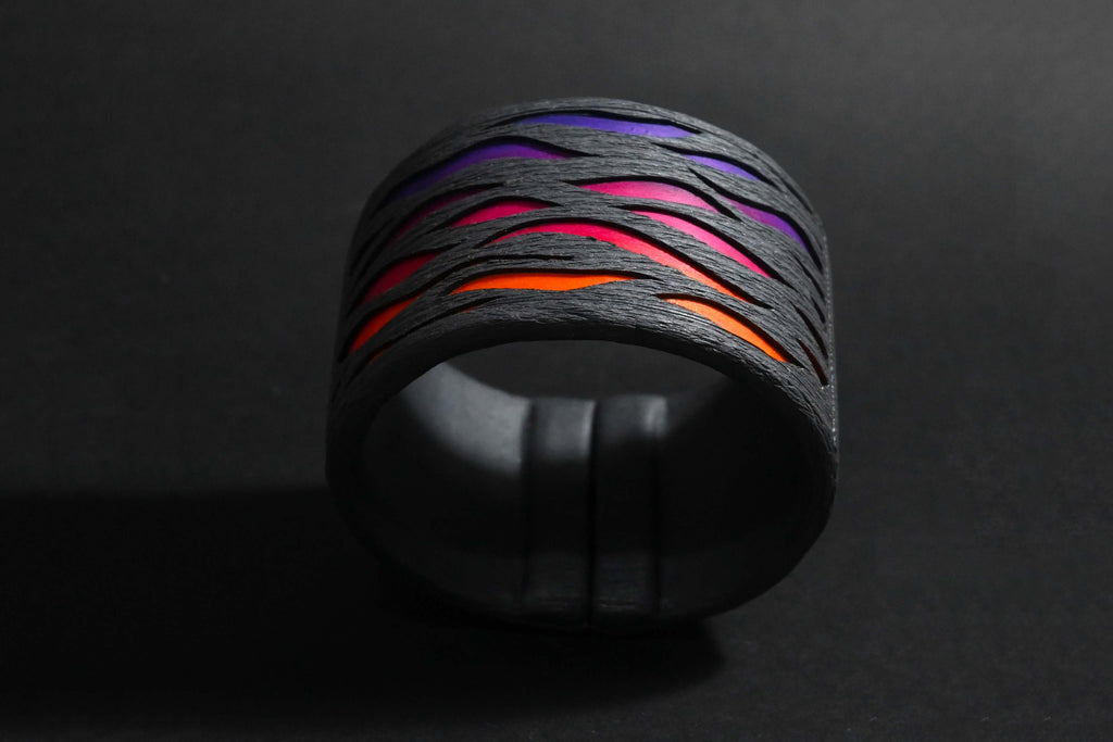 Brazalete de arcilla polimérica modelo Sunset con diseño en en color degradado de púrpura a naranja